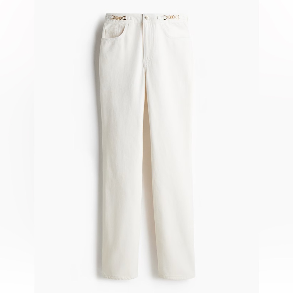 H&M High-Rise Straight Leg White Jeans with Gold Accent
